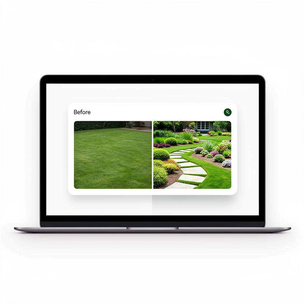 FirstLook AI visualization widget embedded on a landscaping company website showing a before and after of a yard